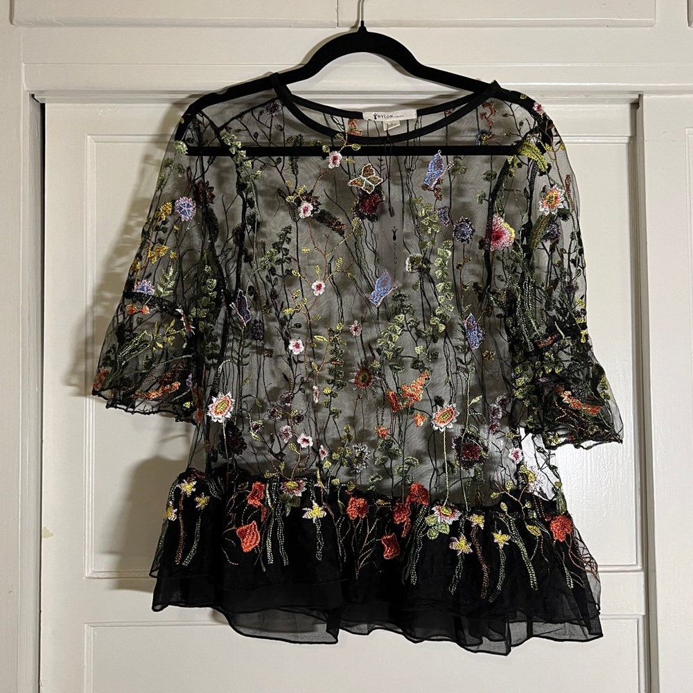 Nylon Apparel Mesh Black Embroidered Blouse Size L